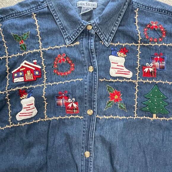 Sara Studio Womens Grandma 3X Christmas Long Sleeve Button‎ Up Blue Denim Shirt - Picture 10 of 13